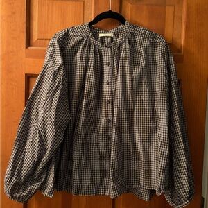 Doen Navy and Green Gingham Button-Front Blouse